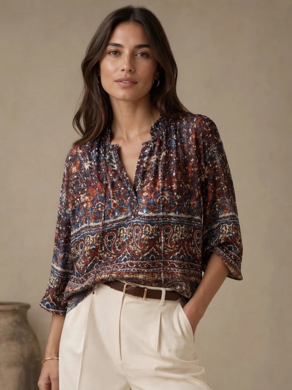 Chico's Brown Multicolored Paisley V-Neck Tunic Blouse